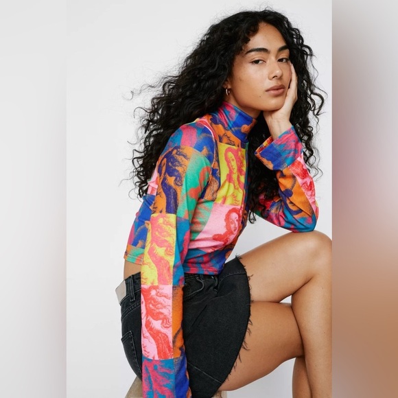 NASTY GAL Kitsch Postcard Mesh Cropped Top, Multicolored, Size 14, NWT - Picture 2 of 16